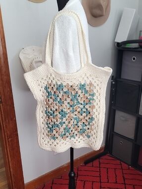 Handmade Crochet Tote Bag in Cream with Teal & Beige Accents